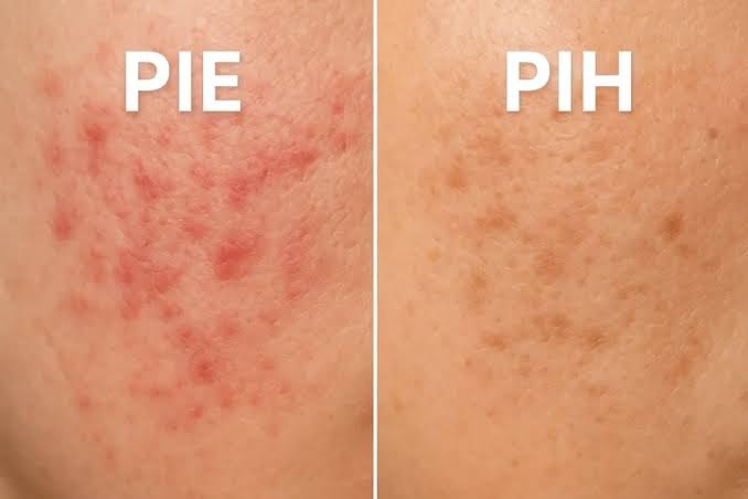 Two skin close-ups: red post-inflammatory erythema on the left, brown post-inflammatory hyperpigmentation on the right