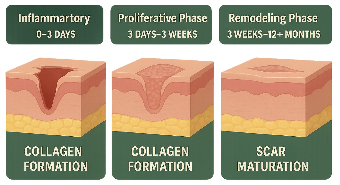 Diagram of the three phases of scar formation: inflammatory, proliferative and remodelling